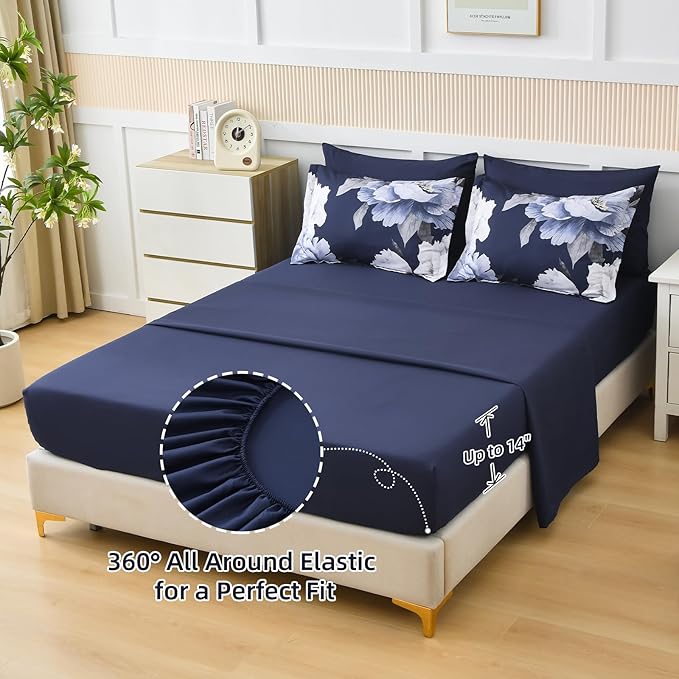 Dobuyly Navy Blue King Size Comforter Set 7 Piece Bed in a Bag, Floral Comforter Set with Sheets, Soft Microfiber Botanical Flowers Complete Bedding Set for All Season