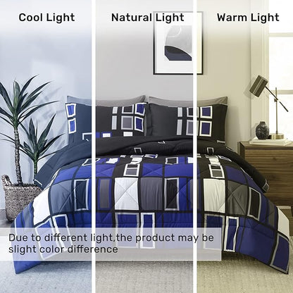 ARTALL Microfiber 2 Pieces Comforter Set Blue Gray Black Plaid Pattern Lightweight Bedding Set, Twin Size with 1 Sham