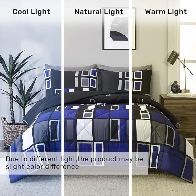 ARTALL Microfiber 3 Pieces Comforter Set Blue Gray Black Plaid Pattern Lightweight Bedding Set, King Size with 2 Shams