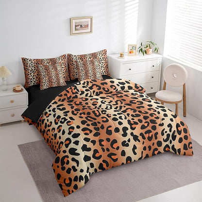 Castle Fairy Leopard Print Comforter Sets Full 7 Pcs,African Wildlife Animal Bedding Set,Wild Animal Skin Duvet Set with Comforter,Flat Sheet,Fitted Sheet,Pillowcases and Pillow Covers,Reversible