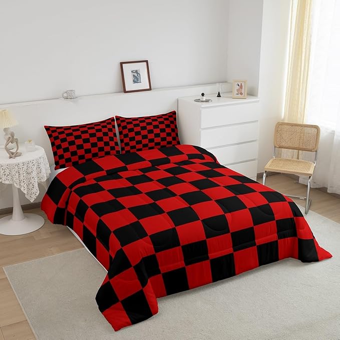 Feelyou Checkered Bedding Set Teen Women Men Red Black Plaid Comforter Set Toddler Size Kids Boys Girls Cute Retro Neutral Checkerboard Geometric Duvet Insert Vintage Aesthetic Room Decor