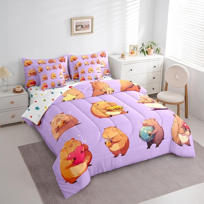 Erosebridal Funny Capybaras 7 Pieces Bedding Set King,Capybara Lover Bed in a Bag,Cartoon Rodents Bed Set Includes Comforter,Sheet Set,Pillowcases & Pillow Covers,Purple Khaki Capybara Bedroom Decor