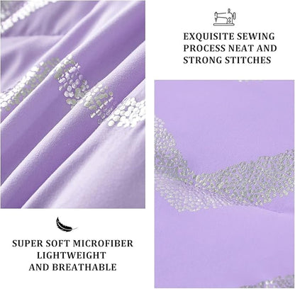 Menghomeus Purple/Silver Comforter Set Twin XL Lavender Metallic Print Glitter Bed Comforter Cute Shinny Bedding for Teen Girls Kids Women