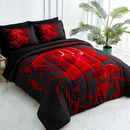 WONGS BEDDING Red Comforter Set Queen, Reversible Red Rose 7 Pieces Bed in a Bag, Lightweight Soft Microfiber Bedding Sets with Comforter, Flat Sheet, Fitted Sheet, Pillowcases & Shams