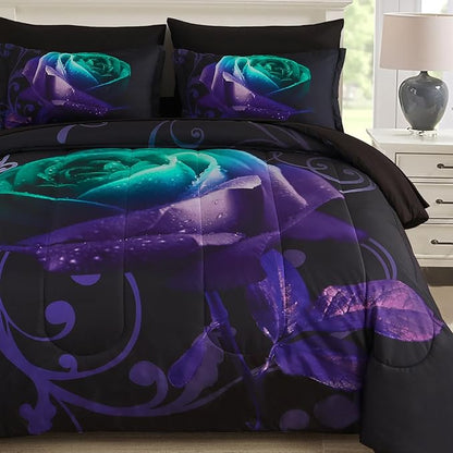 WONGS BEDDING Queen Comforter Set -7 Pieces, Reversible Teal & Purple Rose Bed in a Bag Queen, Lightweight Soft Microfiber Bedding Sets with Flat Sheet, Fitted Sheet, Pillowcases & Shams