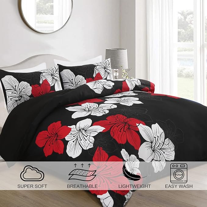 Menghomeus Black Comforter Set Full Red and White Floral Comforter with 2 Pillowcases Modern Bedding Sets Lightweight Boho Bed Set for All Season (1 Comforter, 2 Pillowcases)