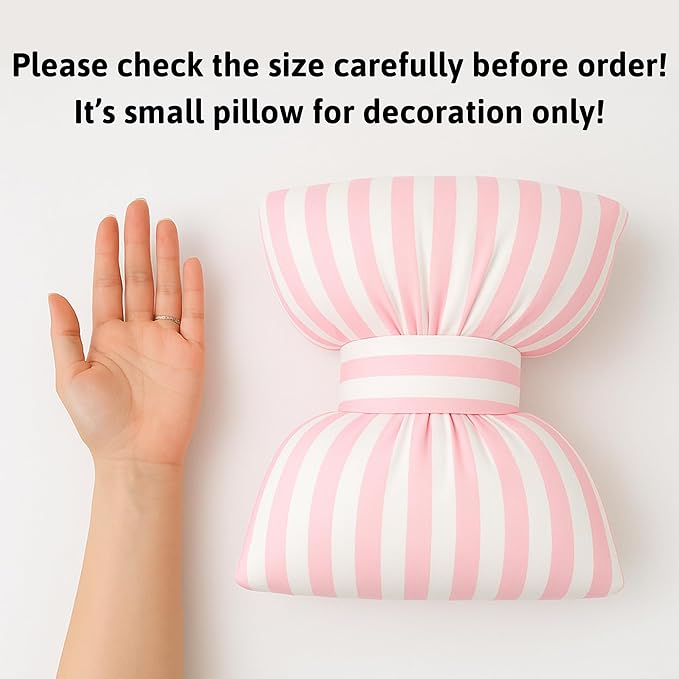 Little Pink Bow Pillows Car Decorative 10x9.5 inch, Stripes Shaped Headrest Pillow for Car Cotton Handmade Cushion Striped Case Washable Coquette for Sofa Office Neck Lumbar Aesthetic Room Home Decor