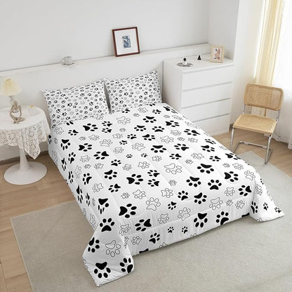 Manfei Dog Paw Print Comforter Set King Size, White and Black Animal Footprint Down Comforter, Animal Theme Bedding Set for Kids Boys Girls Room Decor, Lightweight Duvet Insert,2 Pillowcases