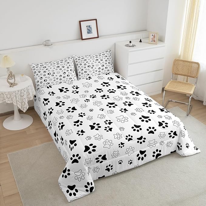Manfei Dog Paw Print Comforter Set Full Size, White and Black Animal Footprint Down Comforter, Animal Theme Bedding Set for Kids Boys Girls Room Decor, Lightweight Duvet Insert,2 Pillowcases