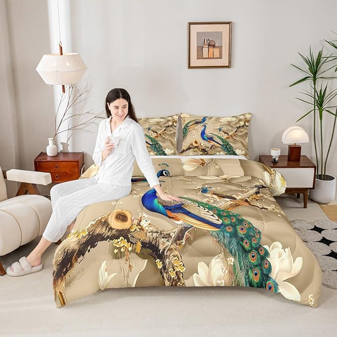 Feelyou Peacock Comforter Peacock with Floral Bedding Set for Kids Adults Girls Animals Comforter Set Botanical Quilt Set 1 Comforter Set with 2 Pillowcases Full Size