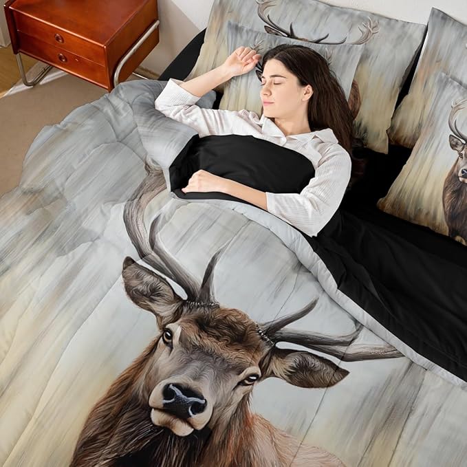 Erosebridal Cute Deer 7 Pieces Bedding Set King Size | Hunting Deer Comforter Set with Sheets for Kids Boys Girls Rustic Cabin Bed in A Bag with Flat Fitted Sheets Antler Moose Wild Animal Bed Sets