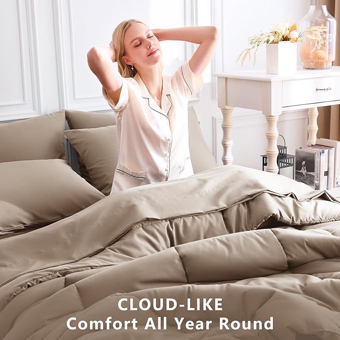 CozyLux King Size Comforter Set Khaki, 7 Pieces Bed in a Bag, Khaki Comforter King Size, All Season Bedding Sets with Stitch Quilted Comforter, Flat Sheet, Fitted Sheet, Pillowcases