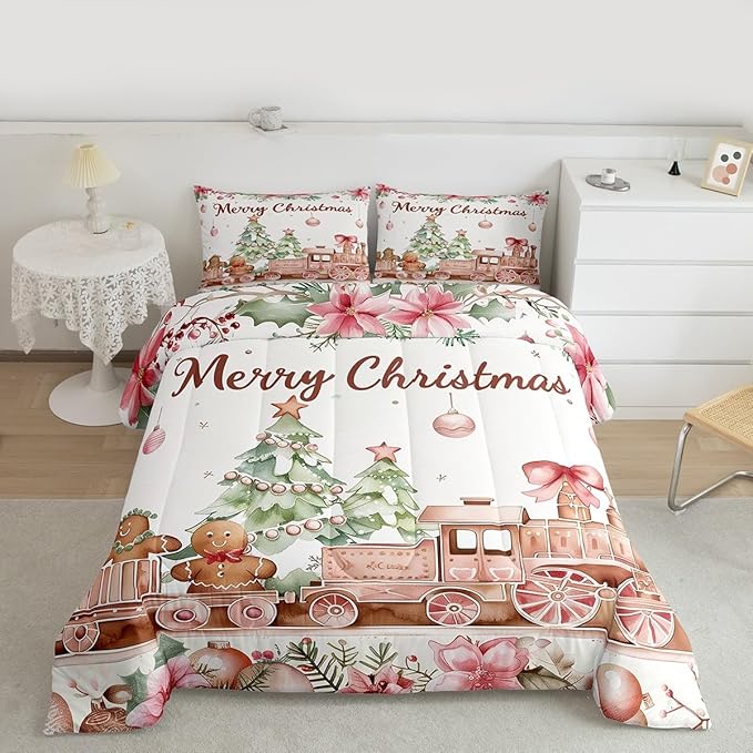 Gingerbread Train Comforter Set Twin Size,Christmas Tree Bedding Sets 2Pcs for Kids Girls Boys Women Room Decor,Holly Leaves Flower Quilted Duvet Watercolor Pink Down Comforter,1 Pillowcase