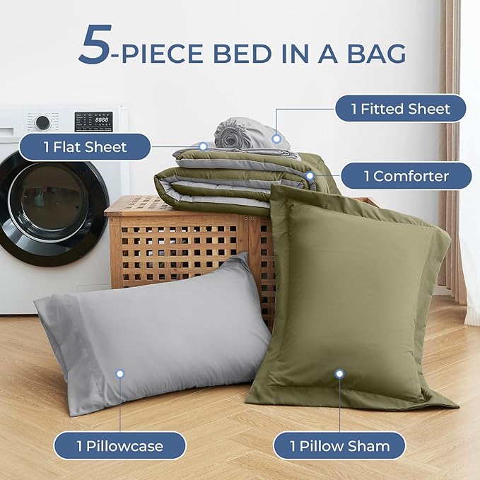 Sasttie Twin Comforter Set, 5 Pieces Reversible Bed in a Bag Twin, Complete Bedding Set Includes Comforter, Flat Sheet, Fitted Sheet, Pillowcase and Pillow Sham, Olive & Light Grey