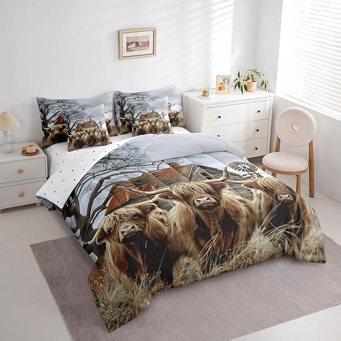 Erosebridal 7Pcs King Size Highland Cow Comforter Sets with Sheets Rustic Farmhouse Decor Bedding Bed-in-a-Bag(1 Comforter, 1 Flat Sheet 1 Fitted Sheet 2 Pillowcases and 2 Throw Pillow Covers)