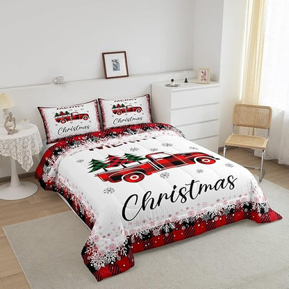 Christmas Truck Pine Tree Comforter Set Twin Size for Kids Girls Boys,Merry Christmas Bedding Set White Black Red Snowflake Patchwork Plaid Quilt Set Geometric Grid Duvet Insert,1 Pillowcase