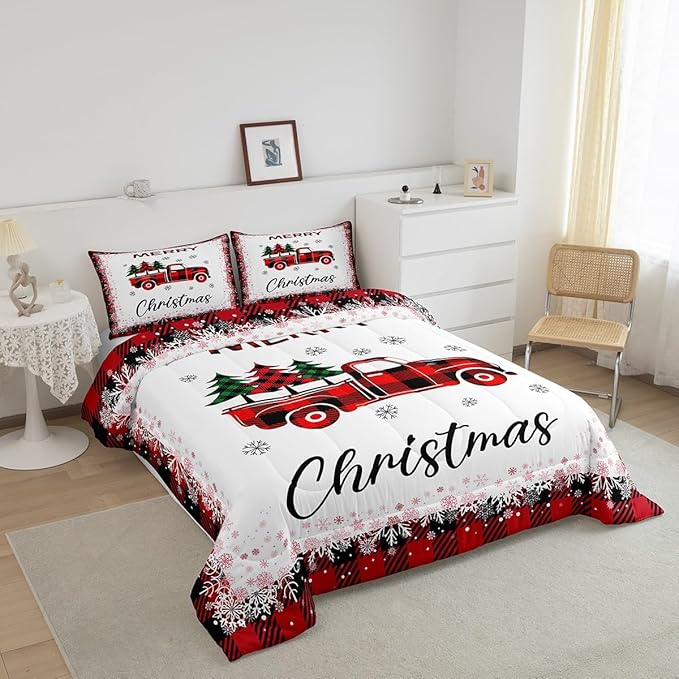 Christmas Truck Pine Tree Comforter Set Full Size for Kids Girls Boys,Merry Christmas Bedding Set White Black Red Snowflake Patchwork Plaid Quilt Set Geometric Grid Duvet Insert,2 Pillowcases