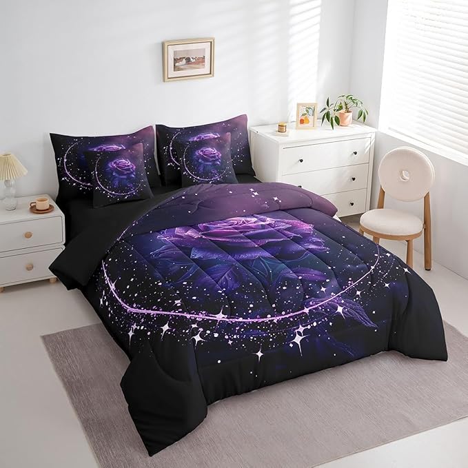 Erosebridal 7 Piece Purple Rose Comforter Set King with Sheets,Romantic Flowers Rose Bedding Set for Couples Bedroom Decor,Galaxy Stars Bed in a Bag,Valentines Day Wedding Gifts for Women Girls