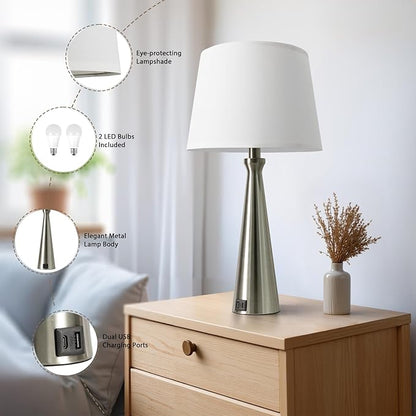 Seealle Modern Table Lamps Set of 2 - Touch Bedside Lamp for Nightstand with Dual USB C+A,3-Way Dimmable Silver Nightstand Lamps for Living Room Bedroom End Table with White Shade(Bulb Included)