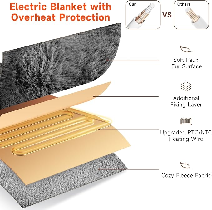 Heated Blanket Electric Throw- 50"x60" Soft Thick Bubble Electric Blanket for Sofa with 5 Heat Levels & 4 Hours Auto-Off Overheat Protection, Warm Cozy Gifts, Light Grey