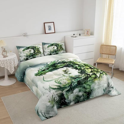 Manfei Dragon Leaves Comforter Set for Kids Adults,Mystery Dragon Wildlife Rustic Plants Bedding Comforter Sets Twin,Dreamy 3D Cloud Sky Quilt Comforter with 1 Pillowcase