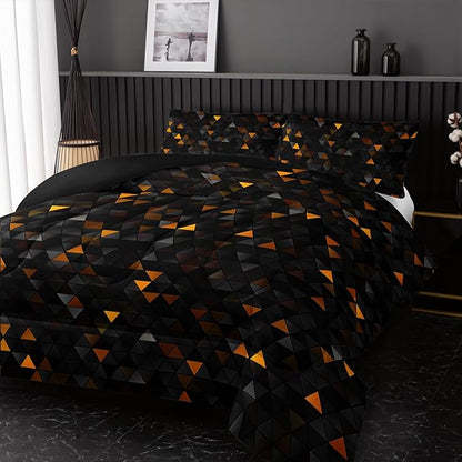 Geometric Yellow Black Comforter Set,Triangle Honeycomb 3 PCS Bedding Set Full Size for Teen Adult,Modern Quilt Set Geometry Decor,Microfiber Lightweight 1 Comforter 2 Pillowcases