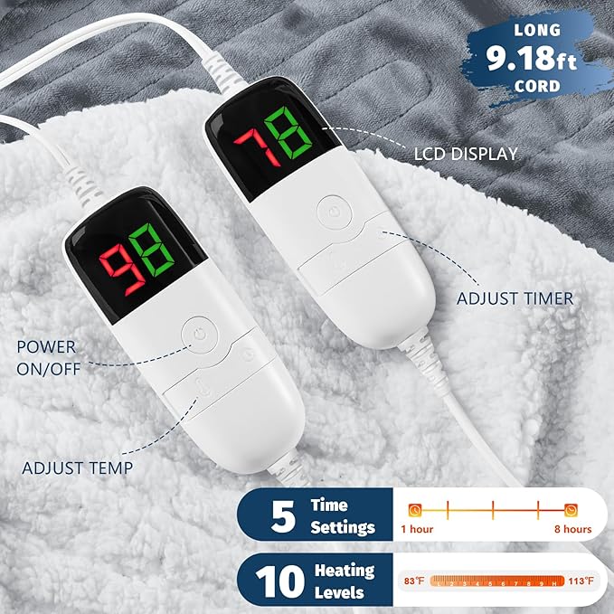 Heated Electric Blanket King Size - 90" x 100" Heating Blanket with Dual Control, 10 Heating Levels & 8 Hours Auto Off, Soft Warm Blanket, Christmas Birthday Gifts for Senior Grandma