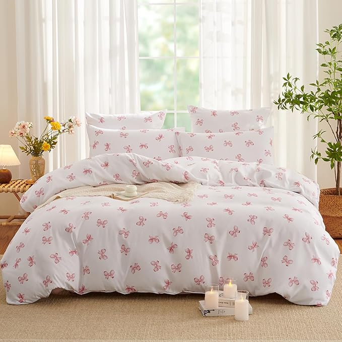 White Queen Comforter Set - Pink Bow Comforter Set Queen Size, Quilt Bedding Set 3 Pieces, Soft & Lightweight Comforter(90‘’ x 90‘’) for Girl All Season & 2 Pillowcases(30‘’x20‘’)