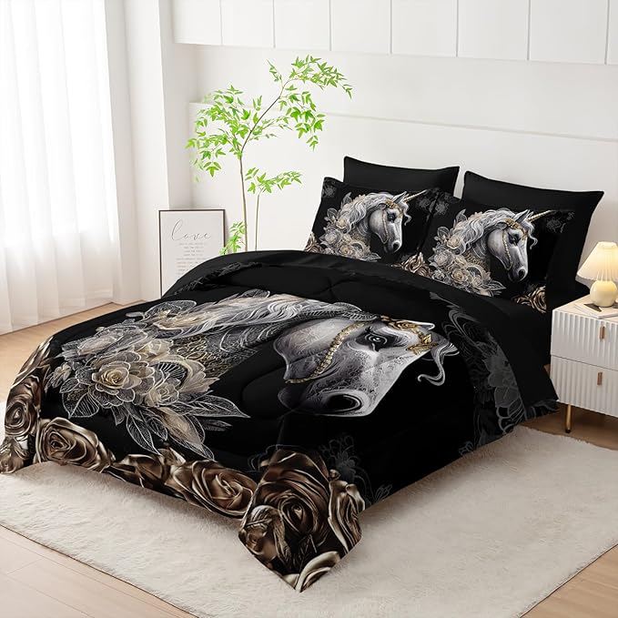 7 Piece King Size Horse Comforter Set with Sheets，King Horse Bedding Sets for Girls (1 Comforter, 1 Flat Sheet, 1 Fitted Sheet, 2 Pillowcase and 2 Pillow Sham)