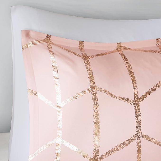 Intelligent Design Raina Twin/ Twin XL Comforter Set, Chic Geometric Metallic Bed Set for girls, 4 Pieces Dorm College Bedding with 1 Shams, 2 Toss Pillows, Blush/Gold