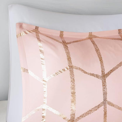 Intelligent Design Raina Twin/ Twin XL Comforter Set, Chic Geometric Metallic Bed Set for girls, 4 Pieces Dorm College Bedding with 1 Shams, 2 Toss Pillows, Blush/Gold