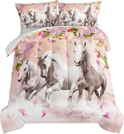 HOSIMA Horse Bedding for Girls, Pink Cherry Blossom Printed Twin Comforter Set with 2 Pillowcases, 3D Farm Wild Animal Pattern, Western Bedding Set Theme