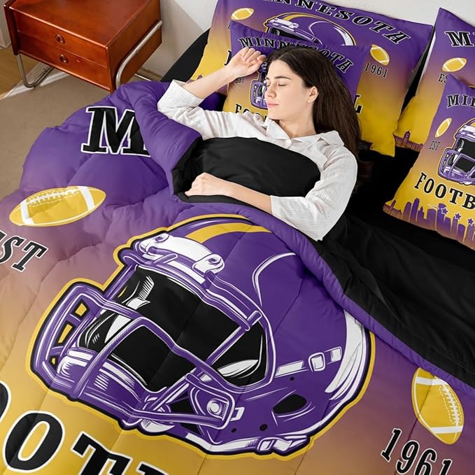 Erosebridal Football Comforter Set with Sheets American Soccer City 7 Piece Bedding Set Sports Rugby Competitive Games Bed in A Bag Full Size for Kids Boys Teen,Purple Yellow Bed Set