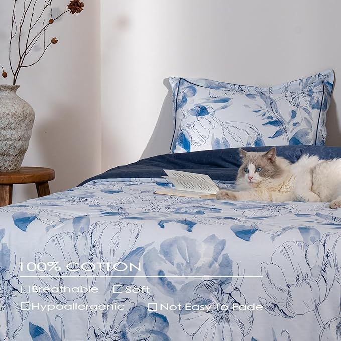 Cotton Comforter King Size Set – Blue Watercolor Floral Bedding, Soft & Breathable, All-Season Down-Alternative Filling, 1 Comforter & 2 Pillow Shams