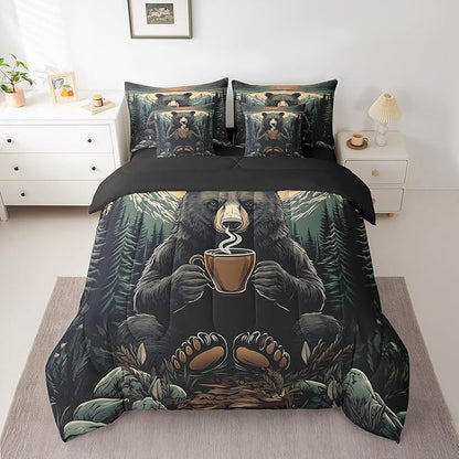 Erosebridal Rustic Bear Twin Bedding Set, Black Bear with Coffee Cup Bed in A Bag,Farmhouse Cabin Decor Comforter Sets with Sheets, Vintage Woodland Animal 7 Pieces Bed Set Bedroom Decor