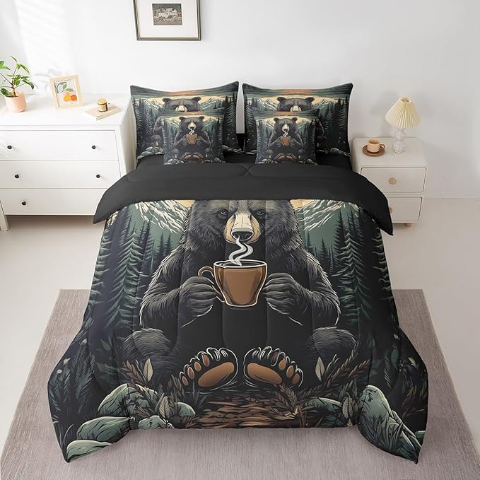 Erosebridal Rustic Bear Full Bedding Set, Black Bear with Coffee Cup Bed in A Bag,Farmhouse Cabin Decor Comforter Sets with Sheets, Vintage Woodland Animal 7 Pieces Bed Set Bedroom Decor
