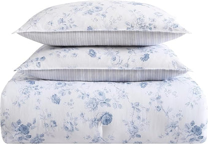 Laura Ashley - Queen Comforter Set, Soft Cotton Bedding with a Medium Weight for Year Round Use, Reversible 3 Piece Bed Set with Matching Pillowcases (Belinda Chambray Blue)