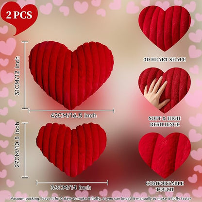 Lanpn Valentines Day Heart Pillows 2Pcs, Heart Shaped Pillow Soft Faux Fur Throw Pillow Plush Heart Decorative Cushion for Home Couch Bed Sofa Valentine Day Decor (Red,16.5x12in/14x10.5in)