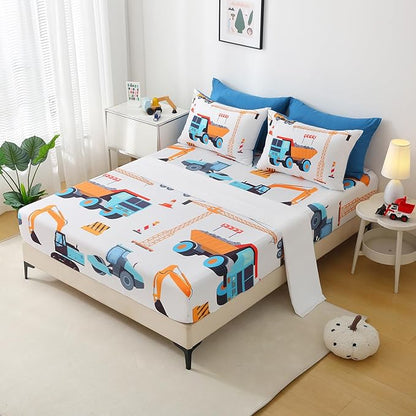 7 Pieces Boys Comforter Set Queen Size Excavator Bedding Set Cartoon Car Kids Bed in a Bag Construction Truck Bedding for Children Kids Boys Teens for Birthday Choice