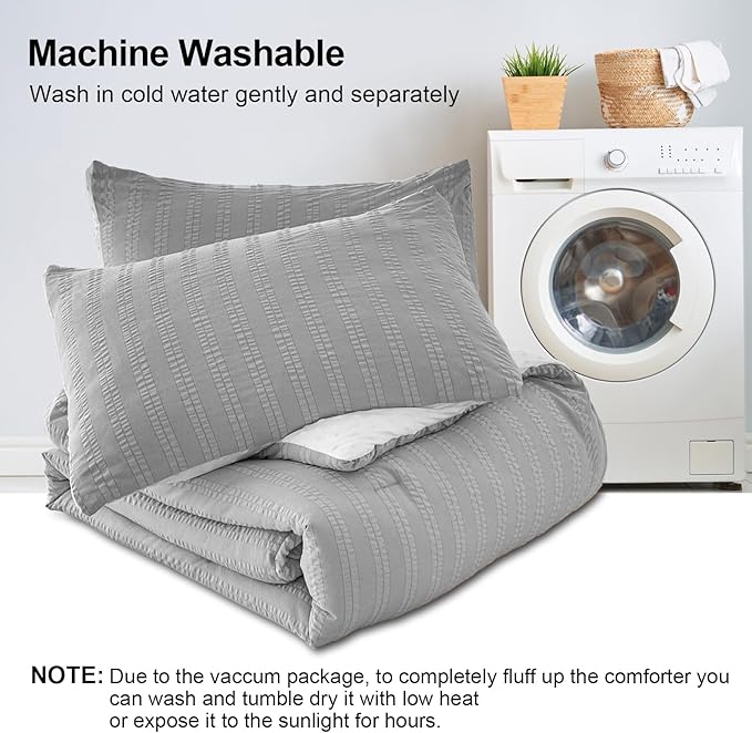 Boho Comforter Set Full Size Striped Pleats Bohemian Seersucker Bedding Set All Season Soft Cozy 3 Pieces Quilt with 2 Pillowcases(80"X90" Grey)