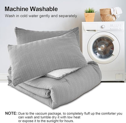 Boho Comforter Set Full Size Striped Pleats Bohemian Seersucker Bedding Set All Season Soft Cozy 3 Pieces Quilt with 2 Pillowcases(80"X90" Grey)