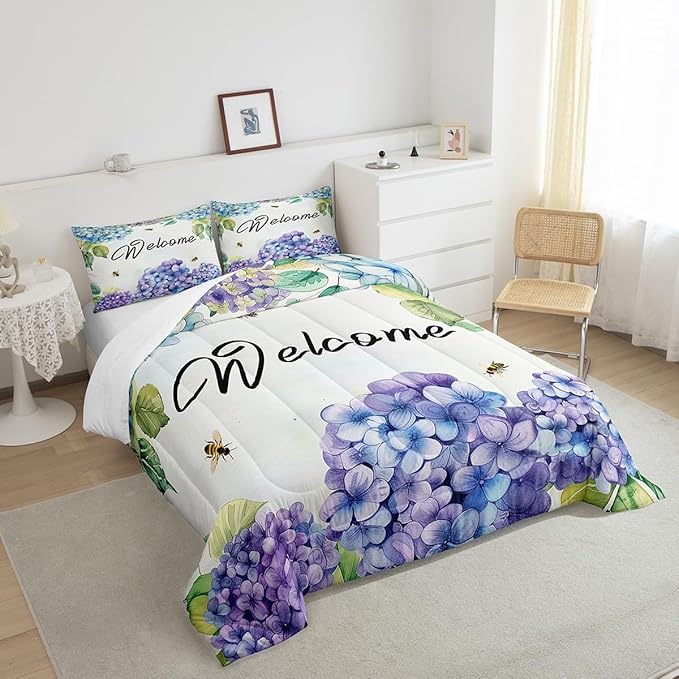 Erosebridal Girls Hydrangea Comforter Set Queen Purple Teal Blue Flowers Bedding Set Farmhouse Floral Bedding Comforter Sets for Kids Adults Women Spring Garden Nature Botanical Quilt Duvet
