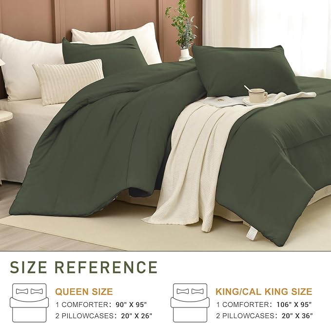 CozyTide Cotton King Size Comforter Set(106"x95"),Olive Green Pinch Pleated Bedding Set,3 Pieces Lightweight Dark Green Cal King Bedding Comforter Set Ultra Soft