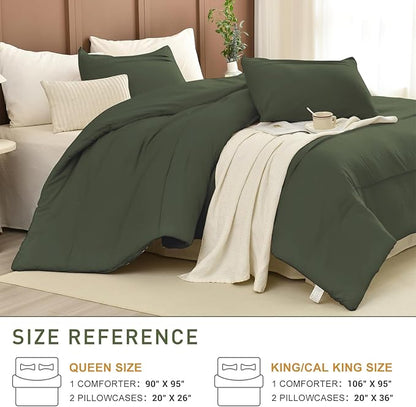 CozyTide Cotton King Size Comforter Set(106"x95"),Olive Green Pinch Pleated Bedding Set,3 Pieces Lightweight Dark Green Cal King Bedding Comforter Set Ultra Soft