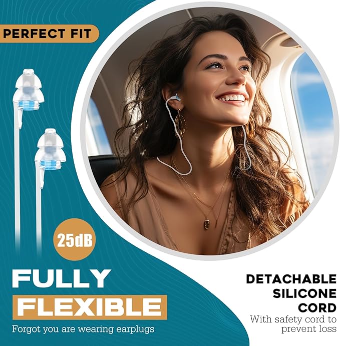 Airplane Ear Pressure Relief Ear Plugs with String, Prevent Ear-Pain & Noise Reduction, Plane Travel Essentials Pressure Equalizing Earbuds, 100x Reusable Comfy Earplugs for Adults Kids 12+