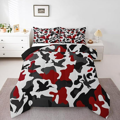 Erosebridal Duck Hunter Comforter Set Full Size Camo Bedding for Kids Boys Army Camouflage Hunting Bedding Comforter Sets Vintage Red Black Room Decor Wild Animal Duck Rustic Duvet Insert