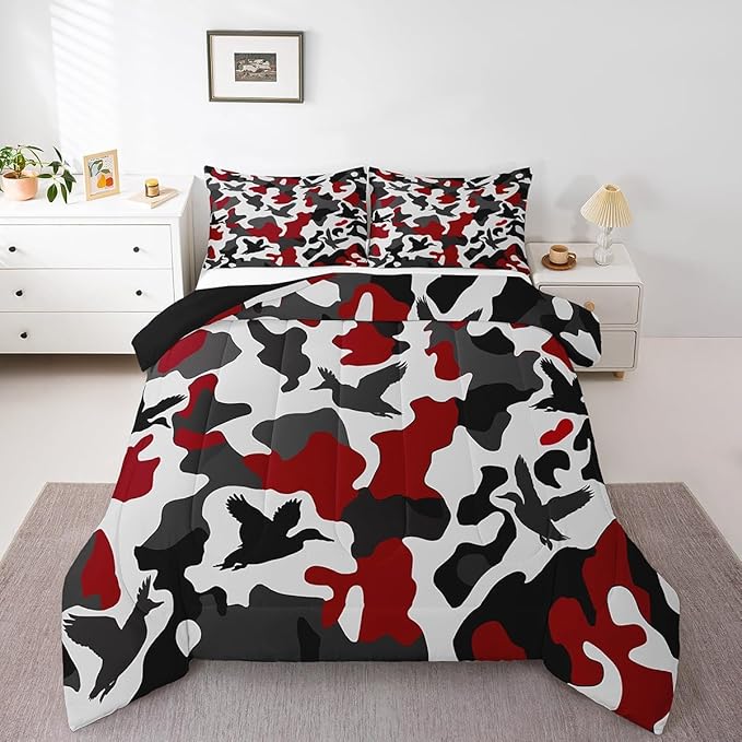 Erosebridal Duck Hunter Comforter Set Queen Size Camo Bedding for Kids Boys Army Camouflage Hunting Bedding Comforter Sets Vintage Red Black Room Decor Wild Animal Duck Rustic Duvet Insert