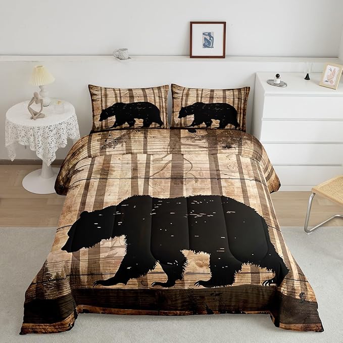 Feelyou Western Rustic Bear Comforter Set Toddler, Wildlife Hunting Quilt Set with 1 Pillowcases, Forest Animal Hunting Bedding Set 2pcs Kids Boys Teens Room Decor, Wooden Board Farmhouse Duvet Insert