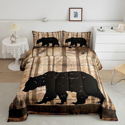 Feelyou Western Rustic Bear Comforter Set Toddler, Wildlife Hunting Quilt Set with 1 Pillowcases, Forest Animal Hunting Bedding Set 2pcs Kids Boys Teens Room Decor, Wooden Board Farmhouse Duvet Insert