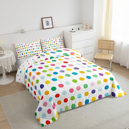 Manfei Polka Dots Comforter Set Twin Size 2 Pcs,Colorful Dots French Style Print Bedding Set,Kawaii Circles Geometric Simple Chic Quilt Set for Child Bedroom,1 Pillowcase